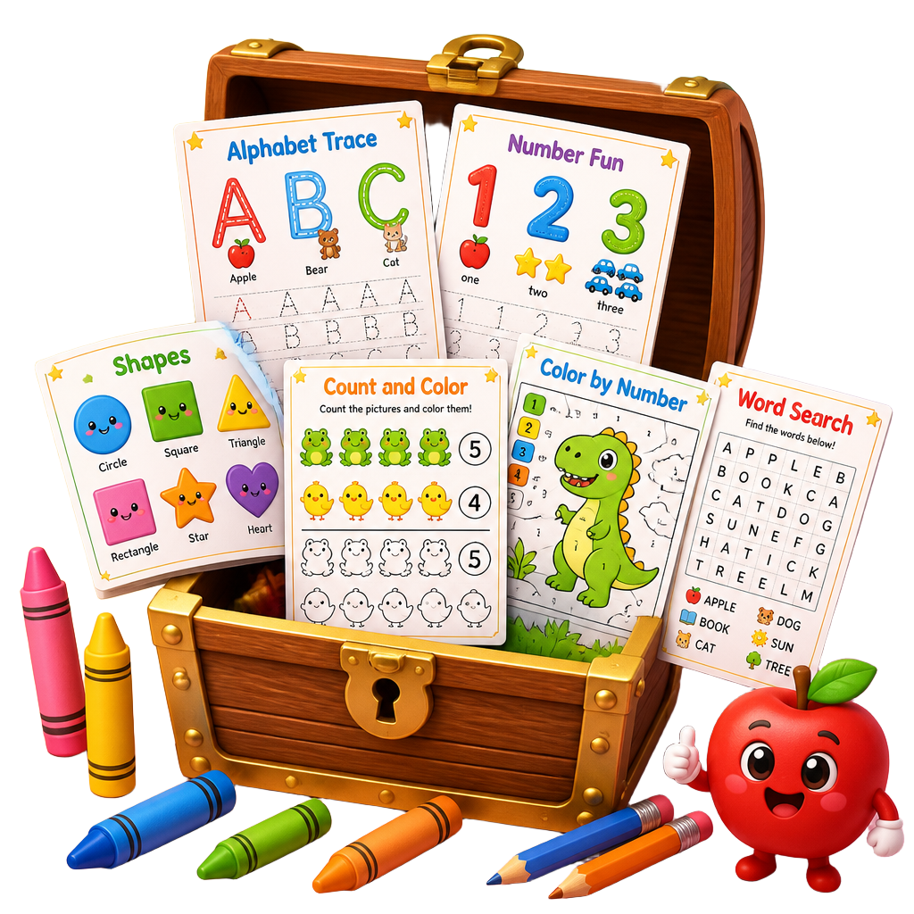 Treasure box overflowing with colorful kids worksheets